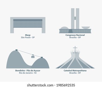 Brazil symbols vector.  Illustrations of Brazilian monuments.  MASP, cable car, metropolitan cathedral and national congress.  Tourist spots in Brazil.