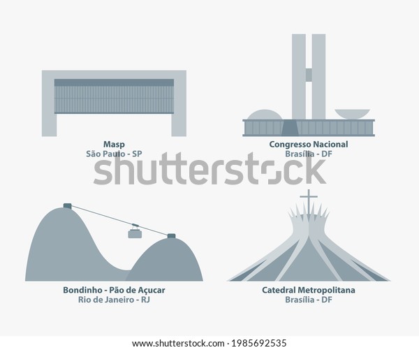 Brazil symbols vector.  Illustrations of\
Brazilian monuments.  MASP, cable car, metropolitan cathedral and\
national congress.  Tourist spots in\
Brazil.