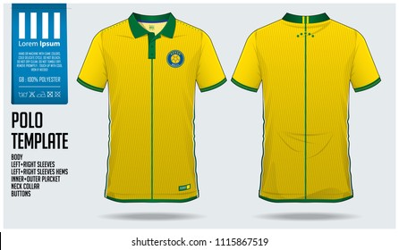 Brazil Team Polo t-shirt sport template design for soccer jersey, football kit or sportwear. Classic collar sport uniform in front view and back view. T-shirt mock up for sport club. Vector.