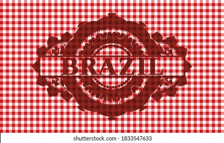 Brasil envía texto dentro del emblema del mantel rojo de cuadros. Restaurante con un agradable entorno. Ilustración intensa. 