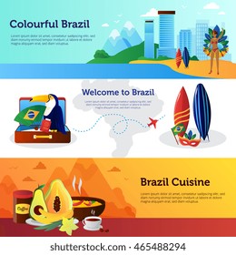 Brazil travel 3 flat horizontal banners set with national cuisine dishes landmarks and surfboard isolated vector illustration