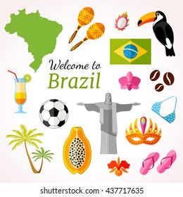 Brazil travel banner with icons, souvenirs, design elements and famous Brazilian symbols. Vector illustration in flat style with inscription: Welcome to Brazil.