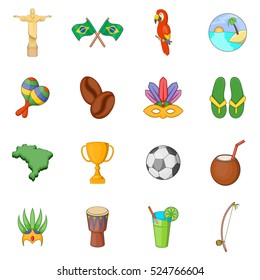 Brazil travel icons set. Cartoon illustration of 16 Brazil travel items vector icons for web