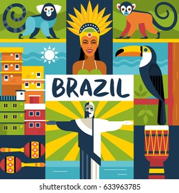 Concepto de póster de viajes en Brasil. Dibujo vectorial con íconos de la cultura y la naturaleza brasileñas, incluyendo maracas, toucan, mono, mujer disfrazada de carnaval y barriadas en estilo moderno y plano.