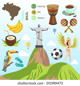 Brasil: Afiche de viajes de famosos lugares de interés y cultura brasileña Símbolos vectores de la estatua del Cristo Redentor en Río de Janeiro tambores de bailes de carnaval, café y fútbol, mapa y moneda