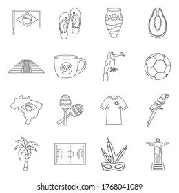 Brazil travel symbols icons set. Outline illustration of 16 Brazil travel symbols vector icons for web