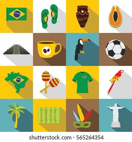 Brazil travel symbols icons set. Flat illustration of 16 Brazil travel symbols vector icons for web