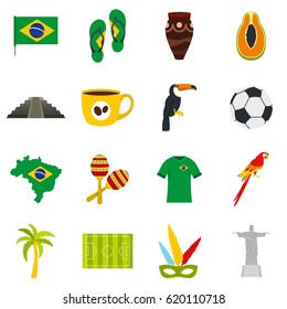 Brazil travel symbols icons set. Flat illustration of Brazil travel symbols vector icons set isolated on white background