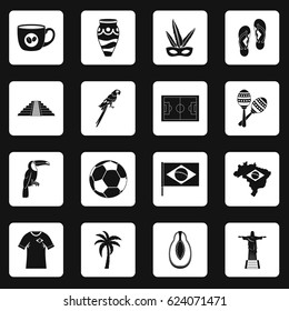 Brazil travel symbols icons set in white squares on black background simple style vector illustration