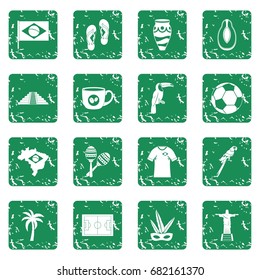 Brazil travel symbols icons set in grunge style green isolated vector illustration