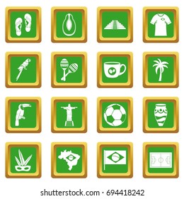 Brazil travel symbols icons set in green color isolated vector illustration for web and any design