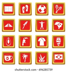 Brazil travel symbols icons set in red color isolated vector illustration for web and any design