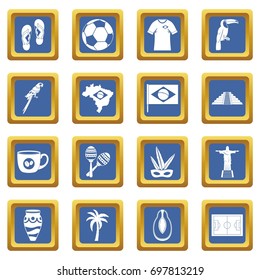 Brazil travel symbols icons set in blue color isolated vector illustration for web and any design