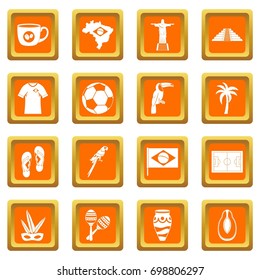 Brazil travel symbols icons set in orange color isolated vector illustration for web and any design