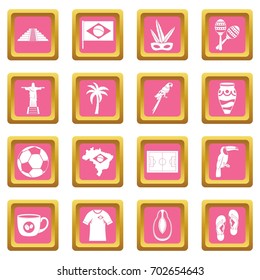 Brazil travel symbols icons set in pink color isolated vector illustration for web and any design