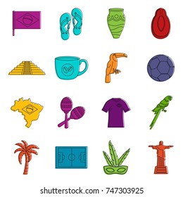 Brazil travel symbols icons set. Doodle illustration of vector icons isolated on white background for any web design