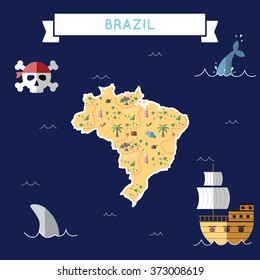 Brazil treasure map in flat design. Colorful cartoon treasure map of Brazil with flat design icons of pirate ship and jolly roger. Brazil flat design vector illustration.
