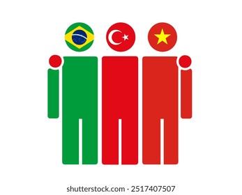 Brazil, Turkey, and Vietnam National Flags With Embracing Body. Vector Illustration. Isolated background.
