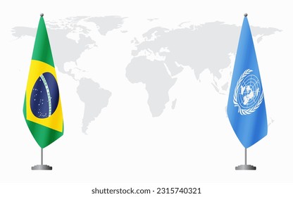 Brazil and United Nations flags for official meeting against background of world map, vector