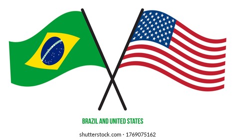 Brazil and United States Flags Crossed And Waving Flat Style. Official Proportion. Correct Colors.