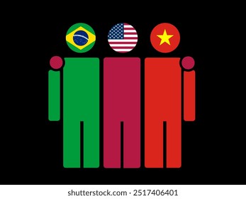 Brazil, USA, and Vietnam National Flags With Embracing Body. Vector Illustration. Isolated background.