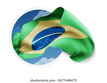Brasilien, Vektor 3D-Flagge auf blauem Himmel, durch ein rundes Loch auf weißem Hintergrund