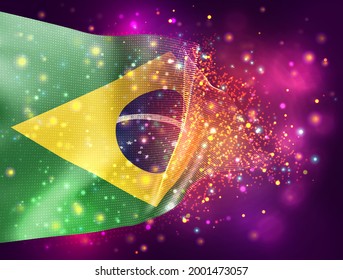 Brasil, bandera vectorial 3d sobre fondo púrpura rosa con iluminación y bengalas