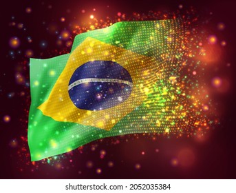 Brasil, bandera vectorial 3d sobre fondo púrpura rosa con iluminación y bengalas