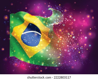 Brazil, vector 3d flag on pink purple background with lighting and flares