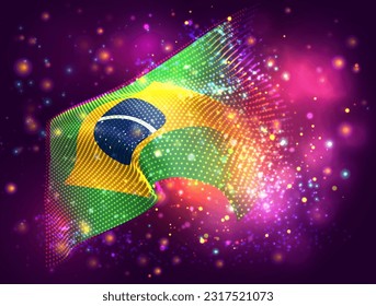 Brazil, vector 3d flag on pink purple background with lighting and flares