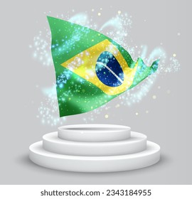 Brazil, vector 3d flag on the podium surrounded by a whirlwind of magical radiance