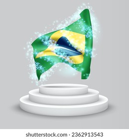 Brasil, bandera vectorial 3d en el podio rodeado por un torbellino de radiancia mágica