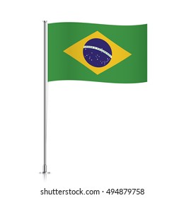 Brazil vector flag template. Waving flag of Brazil on a metallic pole, isolated on a white background.