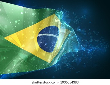 Brasil, bandera vectorial, objeto 3D virtual abstracto de polígonos triangulares sobre fondo azul
