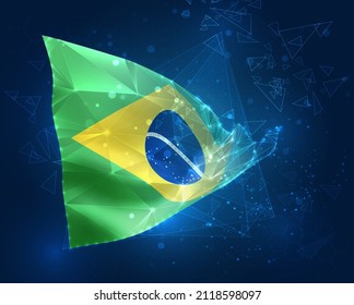 Brasil, bandera vectorial, objeto 3D virtual abstracto de polígonos triangulares sobre fondo azul