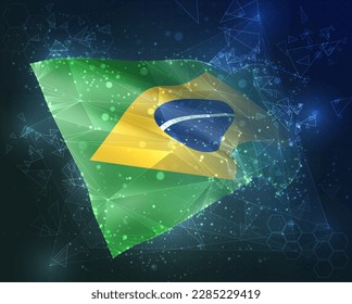 Brasil, bandera vectorial, objeto 3D virtual abstracto de polígonos triangulares sobre fondo azul