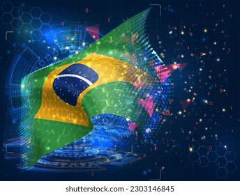Brazil,  vector flag, virtual abstract 3D object from triangular polygons on a blue background