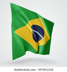 Brazil, vector flag with waves and bends waving in the wind on a white background.