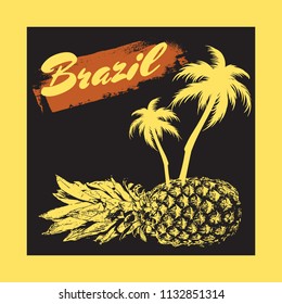 Brazil. Vector hand drawn illustration of palms on the pineapple . Template for card, poster. banner, print for t-shirt, pin, badge, patch.