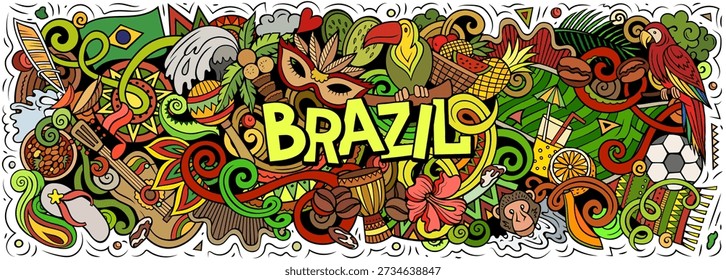Brazil vector illustration with carnival, Amazon jungle, football, beaches, coffee and cultural icons. Ideal for travel, tourism, nature and adventure themes. Hand drawn, not AI