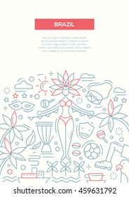 Brazil - vector line design brochure poster, flyer presentation template, A4 size layout. Carnival, football, Rio, Brazilian girl