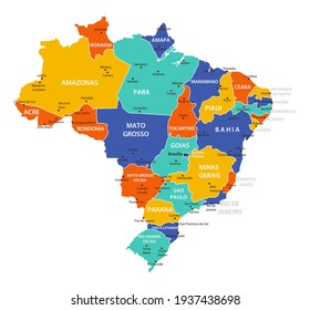 Brazil vector map. High detailed illustration with borders and cities