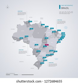 Brazil vector map with infographic elements, pointer marks. Editable template with regions, cities and capital Brasilia. 
