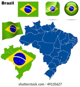 Brazil vector set. Detailed country shape with region borders, flags and icons isolated on white background.