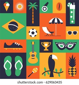 Brazil, vector travel illustration, flat icon set, summer background. Ice cream, sun, palm tree, whistle, coffee, cocktail, football, beach, sunglasses, boots, guitar, cup, mask, guitar, toucan
