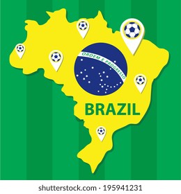 Brazil Vector: A Yellow Brazil Map on A Green Field with White Pins having Classic Footballs