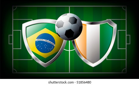 Brazil versus Cote d I voire abstract vector illustration isolated on white background. Soccer match in South Africa 2010. Shiny football shield of flag Brazil versus Cote d I voire