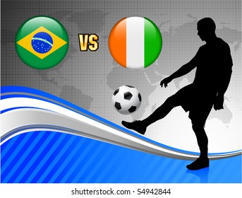 Brazil versus Ivory Coast on Blue Abstract World Map Background Original Illustration