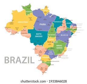 Brazil vintage map. High detailed vector map with pastel colors, cities and geographical borders