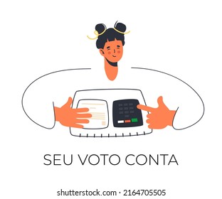 Brasilianische Wahlmaschine. Wahlen 2022 mit elektronischen Wahlurnen. Text in portugiesischer Sprache bedeutet, dass Ihre Stimme zählt. Frauen beginnen mit dem Fingerabdruck zu wählen. Einzeln auf weißem Hintergrund.